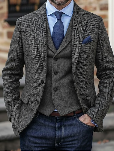 Homens Blazer de Tweed Colar de entalhe Vintage Clássico Casual Padrão Diagonal Blazer Marron Cinzento Moderno Dois botões de peito simples   Homens Blazer de Tweed Colar de entalhe Vintage Clássico Casual Padrão Diagonal Blazer Marron Cinzento Moderno Dois botões de peito simples