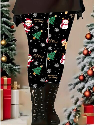 Julekvinners snømann snøfnugg leggings ferie vintage ankellang høy midje bukser stygg grafikk trykk termisk varm myk pustende høy elastisitet utendørs ferie gate svart høst