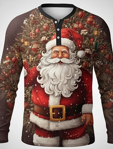  Муж. Новогодняя тематика Дед Мороз Рубашка Хенли Длинный рукав Мода Симпатичные Стиль Повседневные Повседневные Праздники На выход Осень Зима Весна & осень Коричневый Хенли Футболка Хенли