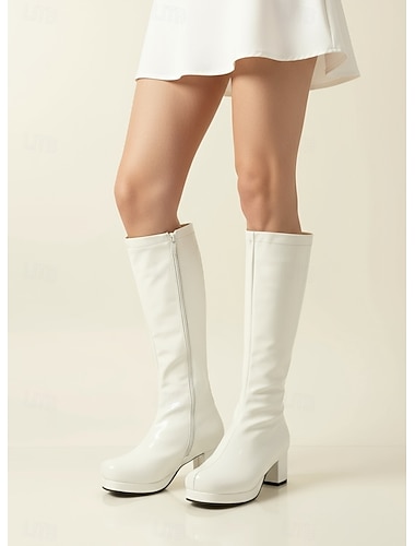 cizme de damă albe cu platformă până la genunchi, cu fermoar lateral - cizme vintage în stil disco din anii 70, cu toc gros, pentru cosplay, modă retro și evenimente   cizme de damă albe cu platformă până la genunchi, cu fermoar lateral - cizme vintage în stil disco din anii 70, cu toc gros, pentru cosplay, modă retro și evenimente