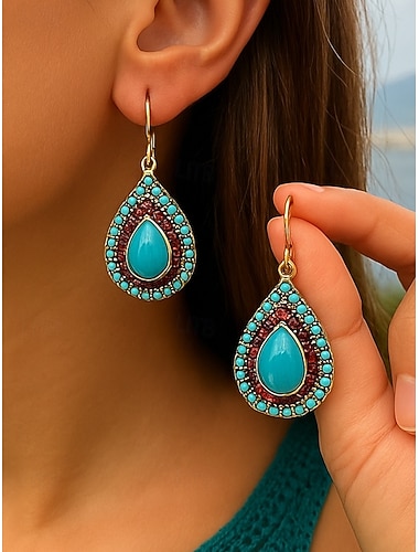  Bohemske dråpeformede øredobber til dame med fargerike edelstensaksenter, vintage etnisk smykker til fritidsbruk, fester og festivaler