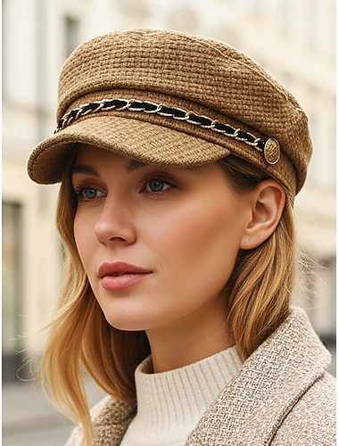  Gorra Baker Boy de tweed tejido para mujer con detalle de cadena: gorra estilo vendedor de periódicos vintage para conjuntos casuales y ropa de calle de otoño e invierno.