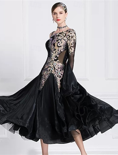  Kjole til konkurransedans med vals og tango, brodert netting og strassdetaljer til dame – svart