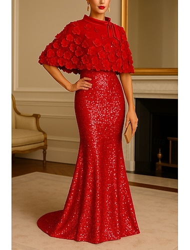  トランペット／マーメイド フロア丈 ケープ付きボールガウン イブニングドレス フォーマルドレス エレガント 光沢タイプ 半袖 ボートネック フォーマル 結婚式 スパンコール ととも​​に グリッター素材 スパンコール