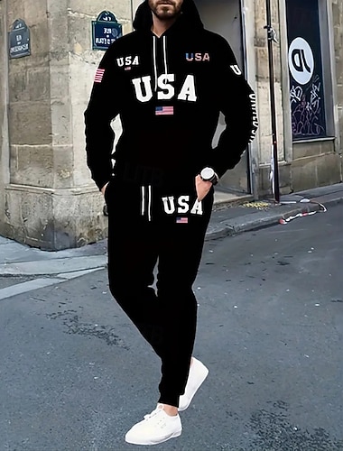  Dzień Niepodległości Amerykański Dzień Niepodległości Męskie Strój do biegania Komplety dresowe z polaru Ściągana na sznurek Litera Zestawy odzież Jesień i zima Czarny czarny / biały Trening Podróże