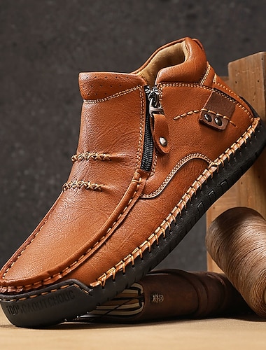 Sapatos mocassins masculinos de couro sintético marrom feitos à mão com zíper lateral e sola antiderrapante, mocassins casuais confortáveis para atividades ao ar livre e direção   Sapatos mocassins masculinos de couro sintético marrom feitos à mão com zíper lateral e sola antiderrapante, mocassins casuais confortáveis para atividades ao ar livre e direção
