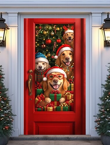 Rideau de porte de Noël avec de jolis chiens, des Golden Retrievers rigolos avec des chapeaux de Père Noël et des cadeaux, décoration de Noël extérieure pour porche de maison   Rideau de porte de Noël avec de jolis chiens, des Golden Retrievers rigolos avec des chapeaux de Père Noël et des cadeaux, décoration de Noël extérieure pour porche de maison