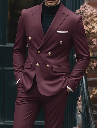  Menn Virksomhet Forretningsdrakter Hakkjakkeslag Svart Burgunder Forretning Ensfarget Skreddersydd 2-delt sett Dobbeltkneppet med seks knapper