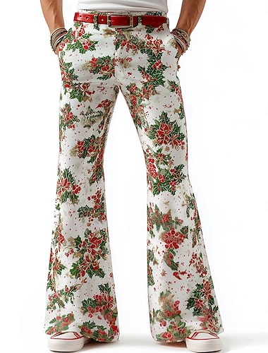  Noël Homme Arbre de Noël Imprimé Floral Fleurs Pantalon Disco Pantalons pattes d'éléphant des années 60 et 70 Taille Moyenne Vintage Rétro Extérieur Soirée Fête Poches Latérales Pantalon à jambe