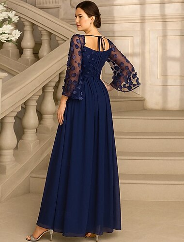  Γραμμή Α Μακρύ Επίσημο ένδυμα Βραδινή τουαλέτα Μακρυμάνικο Τετράγωνη Λαιμόκοψη Κομψό Βίντατζ Πάρτι Πολυεστέρας Φόρεμα Μητέρας της Νύφης με Κέντημα