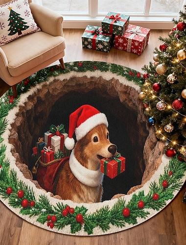 Tapis rond de Noël 3D pour chien, tapis de Noël en faux cachemire 350 g avec boîte cadeau et bordure de couronne, tapis de sol décoratif festif pour l'entrée ou le salon et la chambre, 4 pieds   Tapis rond de Noël 3D pour chien, tapis de Noël en faux cachemire 350 g avec boîte cadeau et bordure de couronne, tapis de sol décoratif festif pour l'entrée ou le salon et la chambre, 4 pieds