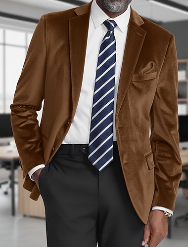  Blazer en velours pour homme, col cranté, style classique décontracté, idéal pour le bureau, coloris uni (noir, bleu marine, marron), coupe ajustée, simple boutonnage, deux boutons.