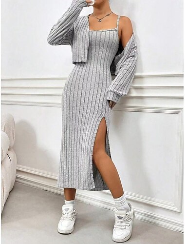  Women's Dress Set Sheath Dress Elegant Plain Split Maxi Dress Long Sleeve High Neck Outdoor Vacation Black Green Gray Spring Fall Regular Fit