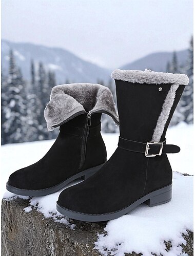  Women's Black Mid-Calf Snow Boots with Faux Fur Lining and Side Zipper, Warm Faux Suede Winter Boots with Buckle Strap for Outdoor Casual Wear