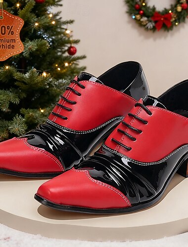  Oxfords masculinos de couro vermelho e preto com acabamento brilhante – elegantes e estilosos para jantares de Natal e ocasiões festivas