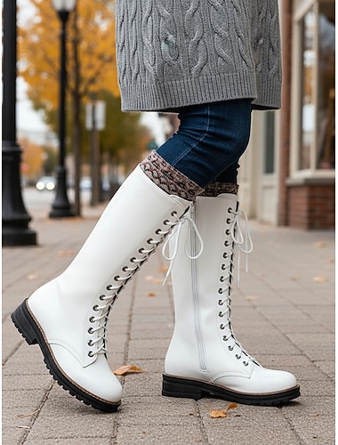  Bottes de combat blanches à lacets pour femmes, bottes mi-mollet classiques et décontractées en similicuir verni de style preppy pour le bureau, les tenues décontractées et les activités de plein air
