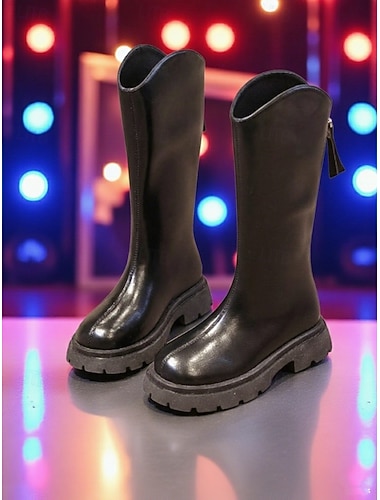  Zapatos de disfraz de estrella pop inspirados en ídolos coreanos para niños: botas de plataforma negras con suela gruesa y detalle de cremallera, perfectas para Halloween, presentaciones de baile o