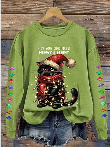 Damen Pullover Sweatshirt Grafik Katze Weihnachten Lässig Langarm Rundhalsausschnitt Rundhals Normale Oberteile Straße Alltagskleidung Lässig Schwarz Rote Grün Herbst Winter   Damen Pullover Sweatshirt Grafik Katze Weihnachten Lässig Langarm Rundhalsausschnitt Rundhals Normale Oberteile Straße Alltagskleidung Lässig Schwarz Rote Grün Herbst Winter