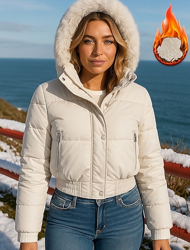  Damskie Kurtka z kapturem futrzanym Płaszcz zimowy Kurtka polarowa Z kieszeniami Długi rękaw Top Athleisure Zima Solidne kolory Odporność na wiatr Ciepłe Piesze wycieczki Podróże Wakacje Odzie