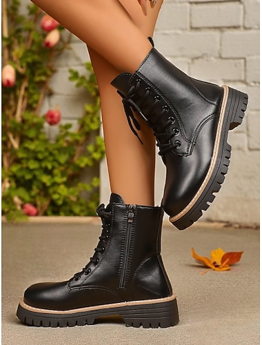 Botas de combate femininas pretas de couro sintético, botins clássicos de cano curto com cadarço e sola grossa, perfeitos para looks de outono, caminhadas ao ar livre e looks de rua   Botas de combate femininas pretas de couro sintético, botins clássicos de cano curto com cadarço e sola grossa, perfeitos para looks de outono, caminhadas ao ar livre e looks de rua