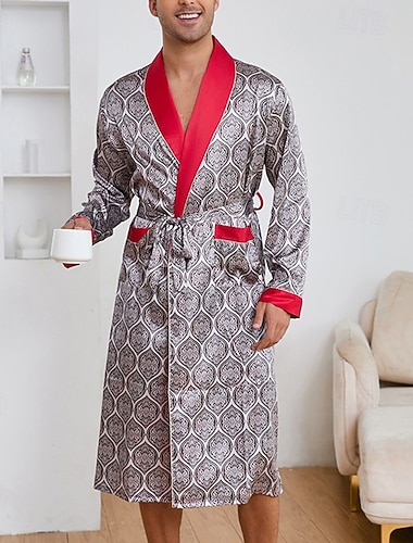  رجالي منامة رداء الحرير ملابس للنوم ثوب الحمام هندسي مطبوعات غرافيك موضة أنيق كلاسيكي المنزل مناسب للبس اليومي سرير بوليستر راحة ناعم V رقبة كم طويل الحزام متضمن الربيع الخريف كاكي