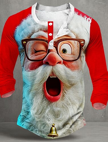  Christmas Miesten Joulupukki T-paita Henley-paita Pitkähihainen T-paita Painettu Henley Paita Muoti Vapaa-aika Juhla Katu Päivittäin Rubiini Talvi 봄 & Syksy Vaatetus S M L XL XXL 3XL 4XL