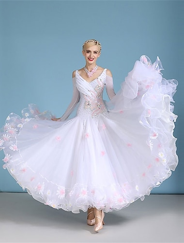  Damen-Ballsaal-Tanzkleid mit Blumenapplikationen, Strass-Schichten, Organza, elegantes Walzer-Tango-Foxtrott-Wettbewerbskleid – Weiß