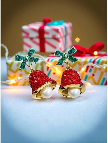  Juleklokkeøredobber til dame med grønn sløyfe og perle, røde krystallsmykker til julefester og gaver