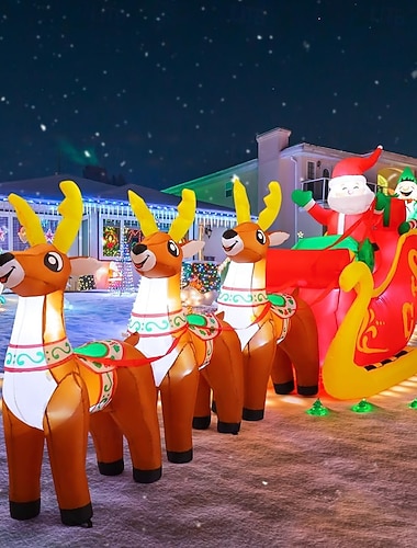 Рождественская игрушка с тремя оленями, тянущими Санта-Клауса на санях, эльф со светодиодной подсветкой, надувная модель, для внутреннего и наружного дворика, праздничное световое оформление, длина 12   Рождественская игрушка с тремя оленями, тянущими Санта-Клауса на санях, эльф со светодиодной подсветкой, надувная модель, для внутреннего и наружного дворика, праздничное световое оформление, длина 12