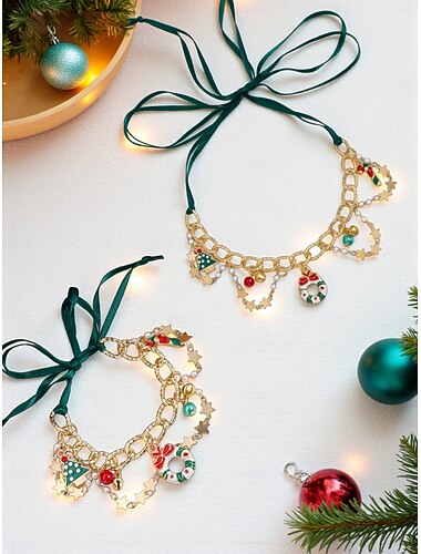  Julsmyckeset för kvinnor med rött &guldkedja med choker och matchande armband, festlig jultomte &Trädberlocker tillbehör till högtidsfester &gåvor