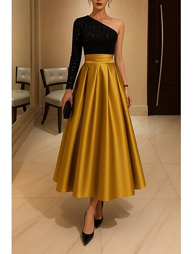  А-силуэт Ниже колена коктейльные платья Платья для вечеринок Элегантный стиль Длинный рукав На одно плечо Официальные Свадьба Сатин Пайетки с Плиссировка Пайетки