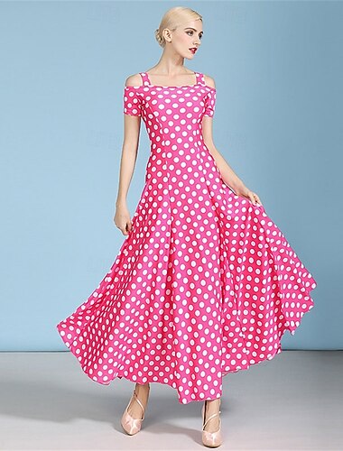  女性用水玉模様のオフショルダー社交ダンスドレス - 競技会、ラテン、ダンスイベント用のAラインガウン - ピンク & 白