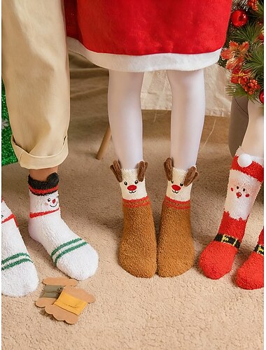  3 pares de meias femininas felpudas de Natal, meias de chinelo de inverno fofas com rena e boneco de neve para sala de estar de férias &presentes