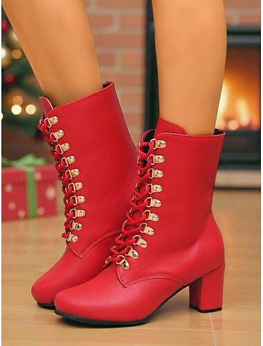  Bottines à lacets rouges pour femmes avec talon bloc - élégantes, confortables, parfaites pour Noël, les vacances et les tenues décontractées