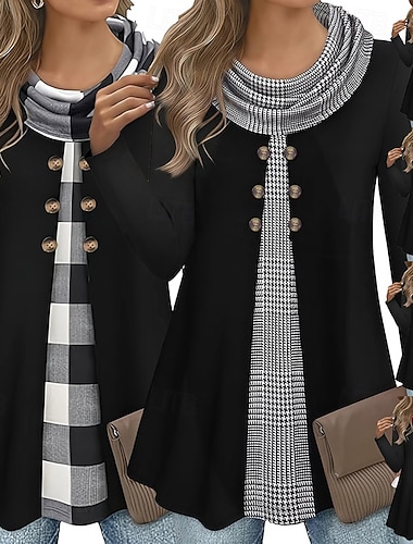  Γυναικεία Μπλούζα Καρό Κομψό Καθημερινά Στυλάτο Μακρυμάνικο Ζιβάγκο Μακριές μπλούζες Καθημερινά Αργίες Εξόδου Κουμπιά Λευκό Ρουμπίνι Θαλασσί Πράσινο του τριφυλλιού Χακί Άνοιξη Φθινόπωρο