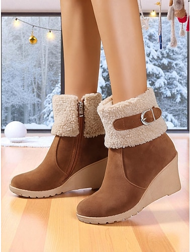  stivali da donna con zeppa e risvolto peloso, in pelle scamosciata marrone con cerniera e fibbia, stivali invernali caldi e comodi per il freddo, uscite informali e feste