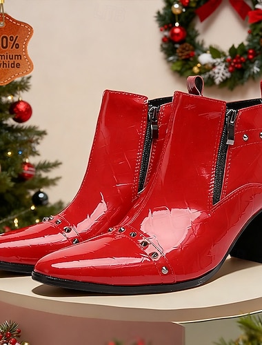  rote Herrenstiefeletten aus echtem Leder mit Reißverschluss und Nietendetail – stilvolles und ausgefallenes Schuhwerk für Weihnachtsfeiern und festliche Anlässe