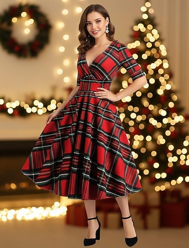  A-Linien-Kleid Swing-Kleid Ausgefallenes Weihnachtskleid Damen Retro Vintage 1950er Karomuster Muster Festkleidung Erwachsene Weihnachten Neujahr Retro-Mottoparty Abendkleidung Kleid