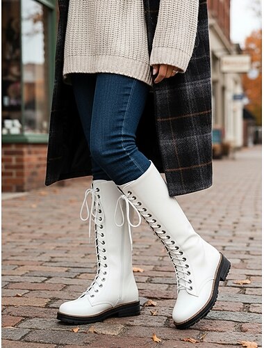  מגפי קרב לבנים עם שרוכים לנשים, מגפי שוק קלאסיים קז'ואל פרפיים מעור לכה דמוי עור למשרד, לבוש יומיומי ופעילויות חוץ