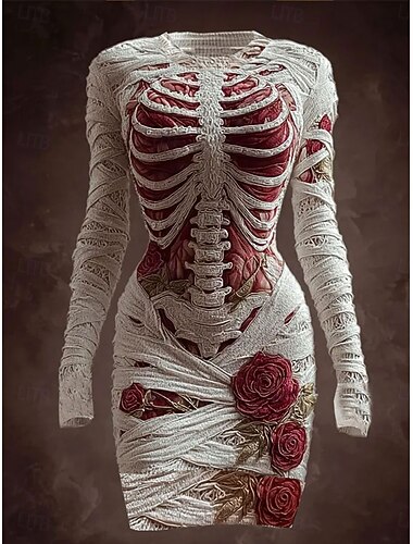 نسائي فستان قصير ضيق فستان تيشيرت فستان ضيق العطلة كاجوال مناسب للحفلات عادي الرسم جماجم كم طويل رقبة عالية مدورة أبيض الربيع الخريف الشتاء   نسائي فستان قصير ضيق فستان تيشيرت فستان ضيق العطلة كاجوال مناسب للحفلات عادي الرسم جماجم كم طويل رقبة عالية مدورة أبيض الربيع الخريف الشتاء