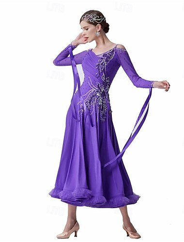 فستان رقص لاتيني بأكمام طويلة مرصع بأحجار الراين للنساء، مناسب لمنافسات الرقص الصالات، مع شريط متدفق وتطريزات - أرجواني