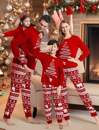  نظرة العائلة عيد الميلاد المجيد بيجامات عائلية لعيد الميلاد منامة مجموعات الأسرة الرسم شجرة الكريسماس ندفة ثلجية المنزل طباعة أسود أحمر كم طويل يوميا ملابس مطابقة