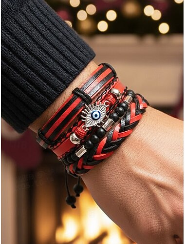  Miesten keinonahkainen rannekorusetti, punaiset ja mustat punotut rannekorut pahalla silmällä ja helmikoristeilla, tyylikäs jouluun, useita kuvioita