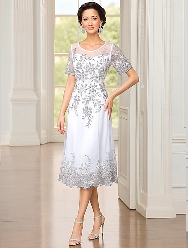  A-Line Abito da Festa Lunghezza Tè Abito Cocktail Abito da Sposa per Invitate Abito Madre della Sposa Manica Corta Girocollo Elegante Lussuoso Formale Cotone Mist con Ricamo