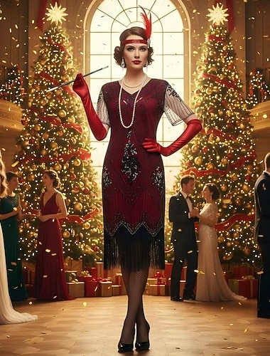  Set Der große Gatsby Flapper-Mädchen Flapper Kleid Weihnachtskleid Cocktailkleid mit Zubehör Damen Goldene Zwanziger 1920er Quastenfransen Pailletten Muster Festkleidung Erwachsene Weihnachten Neujahr