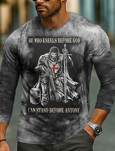  T-shirt des Chevaliers Templiers pour Hommes Manche Longue T-shirt Imprimé 3D Col Rond Mode Basique Décontractée Quotidien Rue Marron Vert Gris Été Printemps