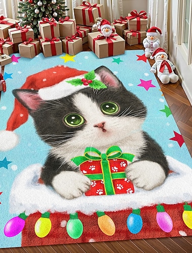  Weihnachtsgeschenk-Katzenbereichsteppich für Wohnzimmer und Schlafzimmer Faux Cashmere Geschenk Teppich niedliche Feiertags Kunstmatte weicher rutschfester maschinenwaschbarer Teppich 5x7 ft