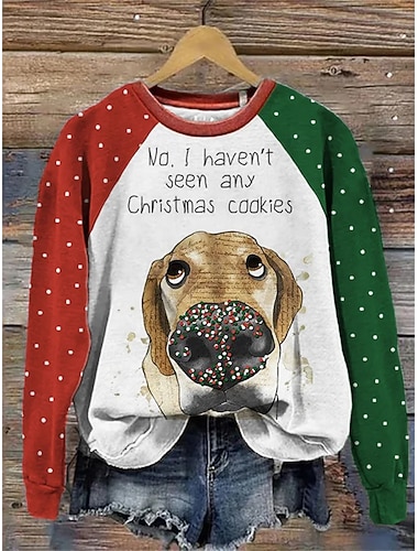  Joulu Naisten Koira Pullover Sweatshirt Grafiikka Eläin Ruma Muoti Rentoa Pitkä Hiha Crew Neck Säännölliset Yläpuserot Katu Päivittäinen pukeutuminen Printti Punainen Vihreä Beige Syksy Talvi