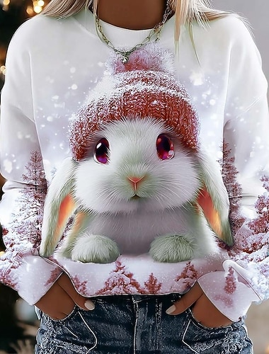  Bluzy damskie świąteczne, z nadrukiem, ze zwierzęcym wzorem paisley, na co dzień, z długim rękawem, z okrągłym dekoltem, z regularnym wzorem, na co dzień, na co dzień, z nadrukiem, różowe, niebieskie,