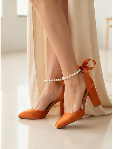  Damen Pumps aus orangefarbenem Satin mit Blockabsatz und Perle &Knöchelriemen aus Band – elegante High Heels mit spitzer Spitze für Hochzeiten, Partys &Abendveranstaltungen
